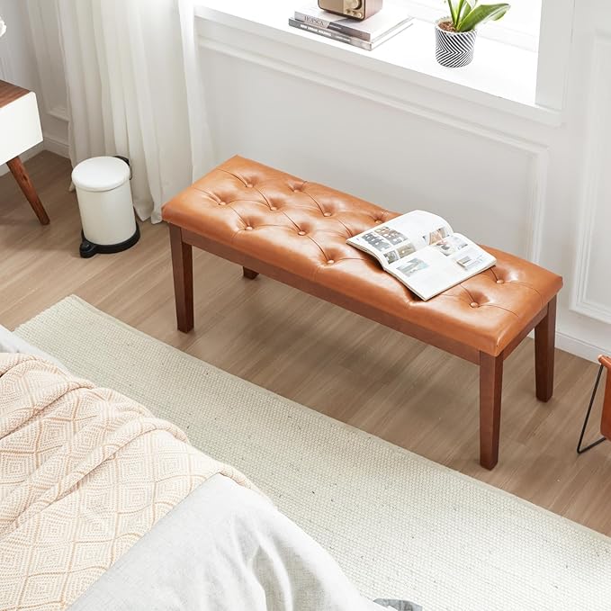 Ottoman Bench Upholstered Padded Seat with Solid Wood Legs and Button-Tufted, Faux Leather Cognac Brown