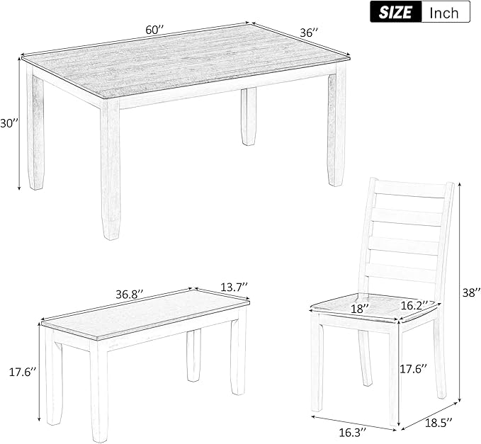 Harper & Bright Designs Rustic Style 6-Piece Dining Room Table Set with 4 Ergonomic Designed Chairs & a Bench (Walnut + Cottage White)