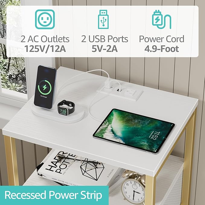 BOLUO Nightstand with Charging Station, LED Night Stand with 2 Fabric Drawers, Bedside Table with USB Ports and Outlets, Nightstand for Bedroom Modern
