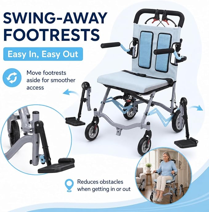 IDEALHOUSE Ultra Lightweight Folding Transport Wheelchair, 16” Seat, Flip-Up Armrests, Swing-Away Footrests, Portable & Compact for Travel, Caregiver-Friendly, 24.25 lbs