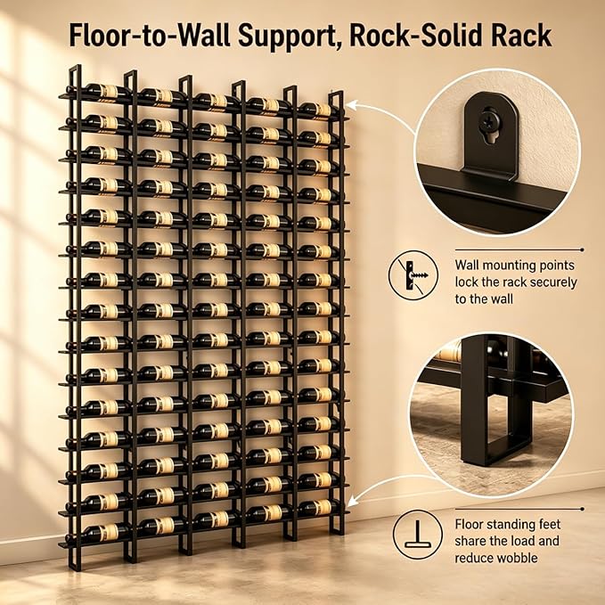 Large Wall Mount Wine Rack, 16 Tier 16 Bottle Wine Storage Organizer Display Holder, Modern Metal Wine Storage for Wine Cellars, Home Bars, Kitchens, and Dining Rooms