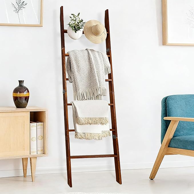 Rustic Wooden Blanket Ladder Towel Rack - 68" Wall Leaning Decorative Ladder Shelf for Living Room Bedroom Bathroom, Farmhouse Blanket Holder for Blankets, Towels, Scarves, Hats