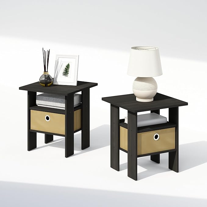 Furinno TIDUR Night Stand Set of 2, Open Shelf Design Nightstand with Storage Bin, Bedside Table, End Table, Side Table, for Bedroom, Closet, Dorm, Espresso