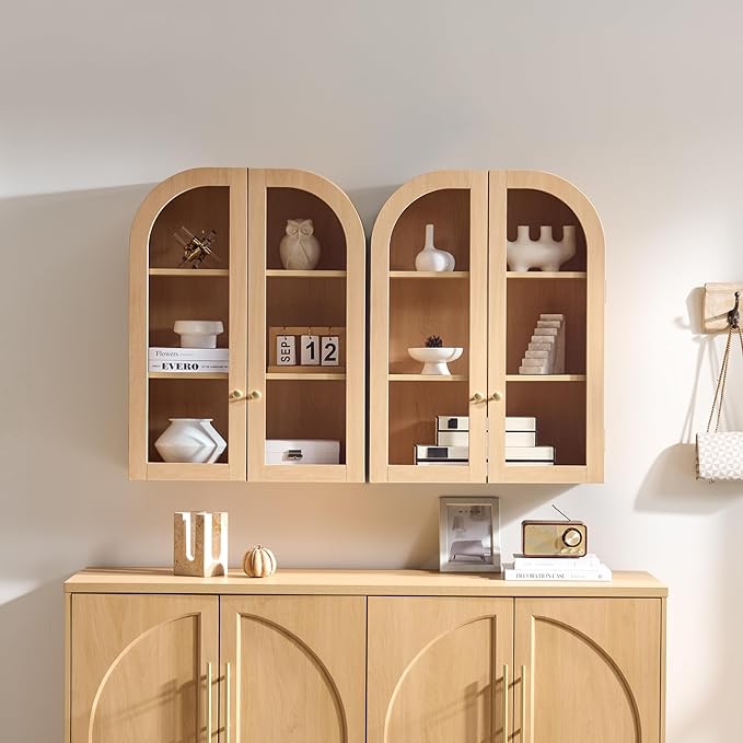 Fatmok Set of 2 Arched Bathroom Wall Cabinets with Glass Doors – Over-The-Toilet Storage Cabinet with Adjustable Shelf, Wood Floating Medicine Cabinet for Bathroom, Laundry Room, Kitchen, Natural Wood
