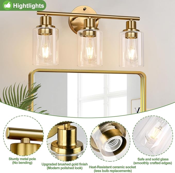 3-Light Gold Bathroom Light Fixtures, Modern Bathroom Vanity Light with Clear Glass Shade, Brushed Gold Bath Wall Mount Lights, Wall Lamp for Mirror Kitchen Bedroom Hallway Living Room Hallway