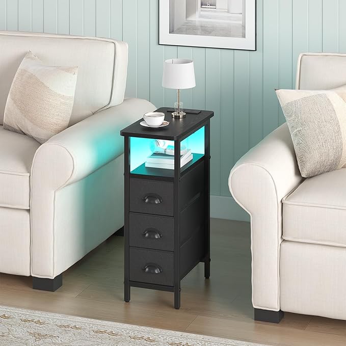 sthmec End Table with Charging Station,LED Side Tables with USB Ports and Outlets,Skinny Bedside Tables with 3 Drawers,Small Tabls Nightstands for Small Space,Slim Sofa Table for Livingroom,Black