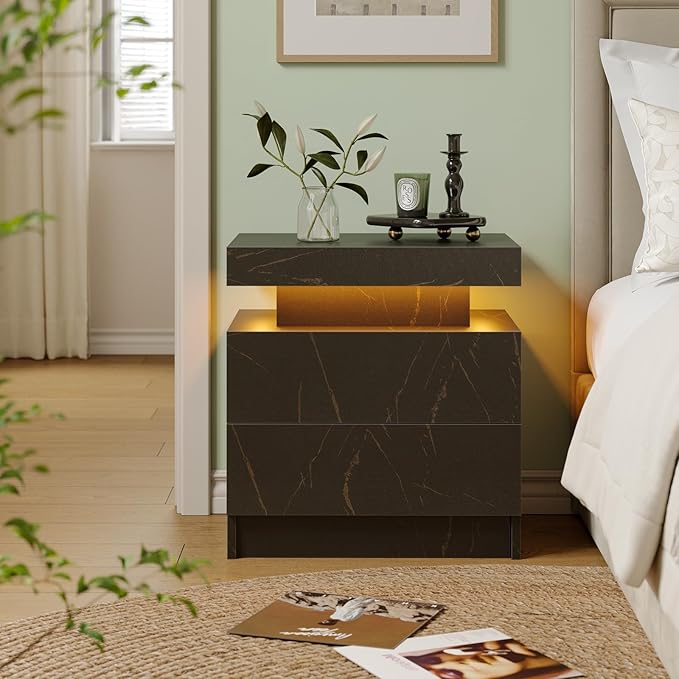 Night Stand Side Table for Bedroom with Drawer Nightstand with Led Lights Modern End Tables for Bedroom Black