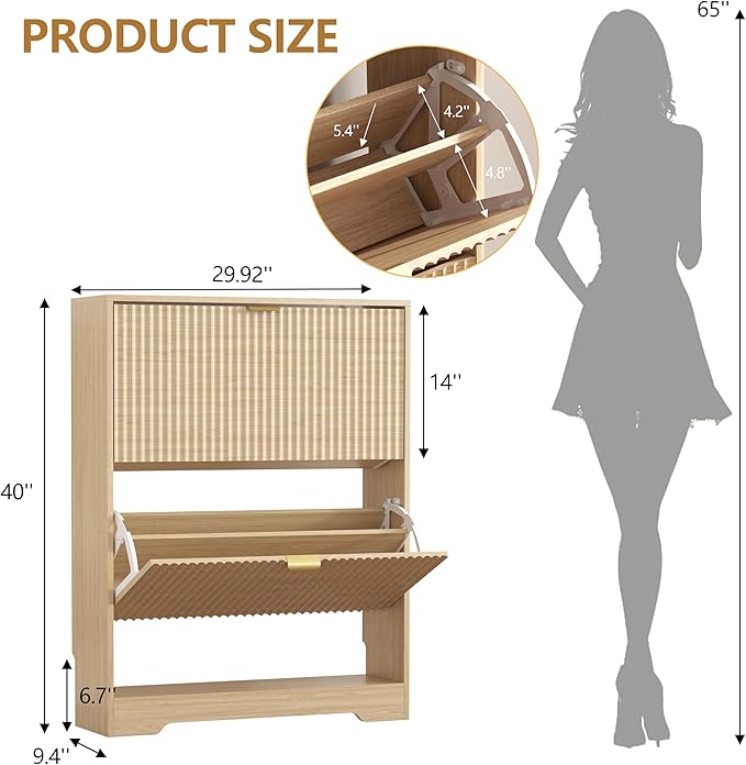 HUANLEGO Shoe Cabinet Storage for Entryway with 2 Flip Drawers, Fluted Shoe Cabinet with Open Storage, Wooden Hidden Shoe Rack Freestanding Narrow Slim Shoe Organizer for Hallway, Entrance