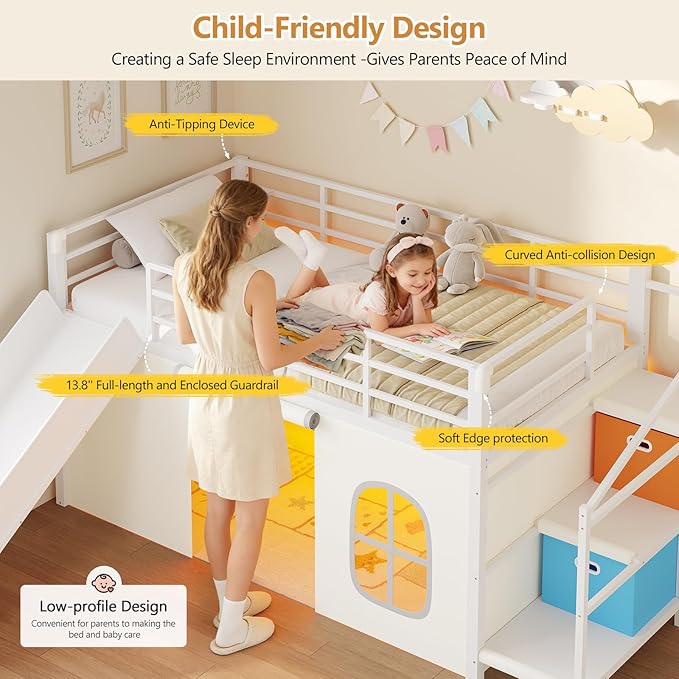 DICTAC Low Loft Bed with Slide,Storage Stairway and Led Lights Metal Twin Size Loft Bed with Under-Bed Play Space,Art Table & Play Curtain Twin Beds with 2 Drawers and 13.8''H Safety Guardrail,White