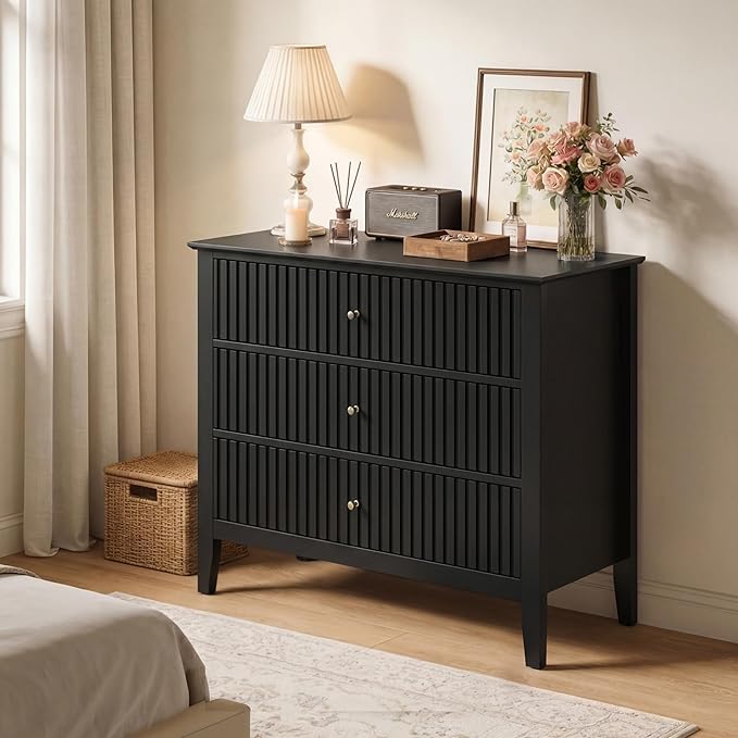 RoyalCraft 32" Large Nightstand Set of 2, Fluted Painted Bedside Table with 3 Spacious Drawers, Modern Tall End Table for Bedroom, Black