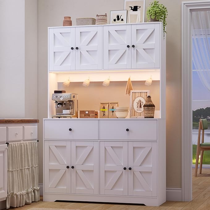 71" Kitchen Pantry Cabinet with Charging Station, Pantry Storage Cabinet Farmhouse Kitchen Hutch with Microwave Stand, Coffee Bar Station with Doors and Adjustable Shelves for Kitchen, White