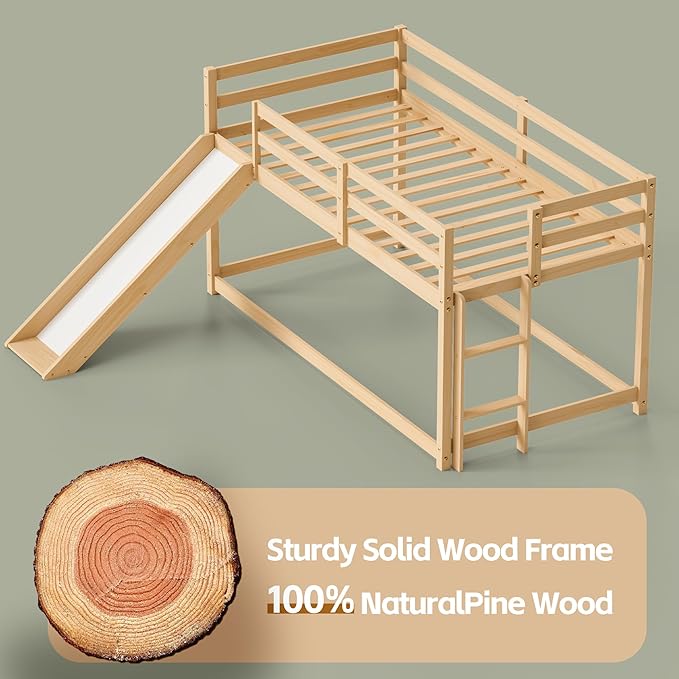 TOLEAD Low Bunk Bed with Slide, Floor Loft Bed with Climbing Ladder, Wood Twin Bunk Bed Frame with Full Guardrails & Storage Space for Kids Toddler
