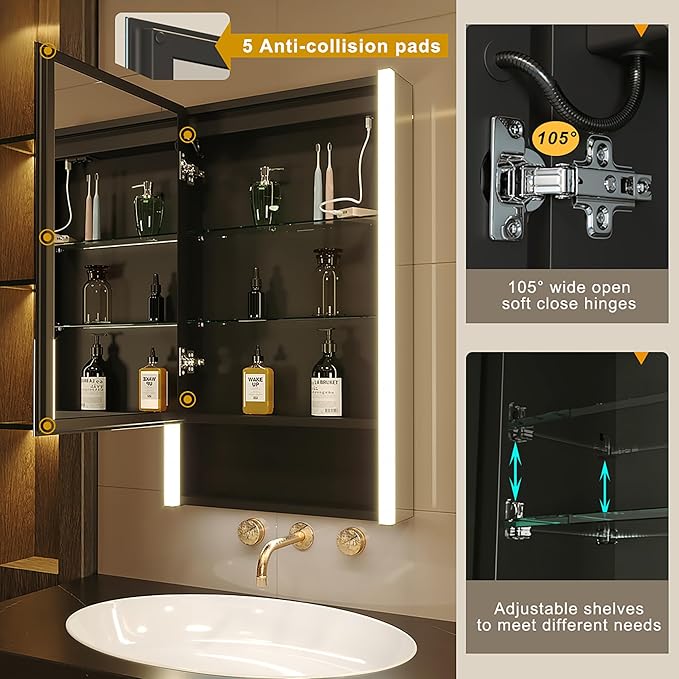 KWW LED Lighted Bathroom Medicine Cabinet with Sockets & USBs, Defogger, Dimmable, 3 Color Light Makeup Mirror, Easy to Install, Wall Mounted Cabinet (Left hinge-21 * 34)
