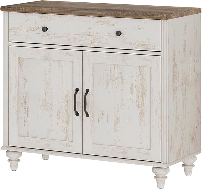 WAMPAT Buffet Cabinet with Doors & Drawer, Large Coffee Bar Table Wood Kitchen Storage Cabinets with Storage Cabinets, Modern Farmhouse Sideboard Credenza for Dining Room, Rsutic White, 34 inch