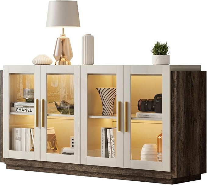 AMERLIFE Sideboard Buffet Cabinet, Mixed Color Accent Cabinet with LED Lights, Modern Glass Doors Storage Cabinets with Adjustable Shelf, Console Table for Dining, Living Room, White and Grey