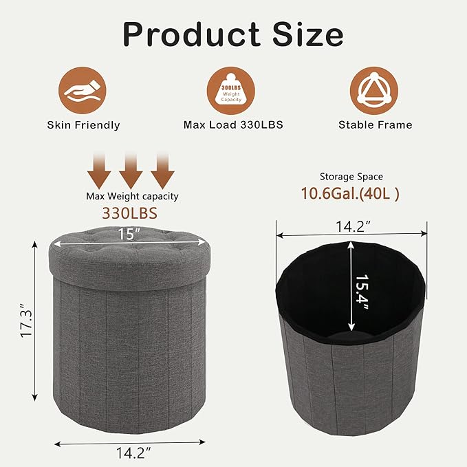 CAROLMADE Round Storage Ottoman,Linen Folding Footrest Stool with Thicker Foam Padded Seat,Versatile Vanity Stool for Living Room,Bedroom or Dorm,Grey