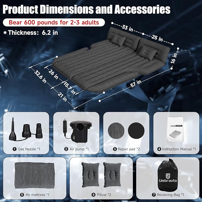 Inflatable SUV Air Mattress Bed, Double-Sided Flocking Travel Camping Bed with Air Pump and 2 Pillows for Universal SUV