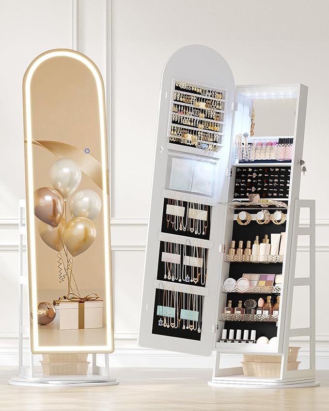 LVSOMT LED Arched Mirror Jewelry Cabinet Standing, Lockable Jewelry Armoire, Full-Length Mirror with Storage, Space-Saving Jewelry Organizer Mirror, Foldable Makeup Shelf, Gift for Women(LED White)