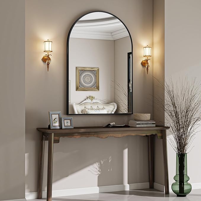 VooBang Arched Wall Mirror, 26 x 41 inch Arch Bathroom Mirror, Wall Mounted Vanity Mirror with Arch Metal Frame, Modern Bathroom Vanity Mirror for Bedroom, Living Room, Hanging or Leaning, Black