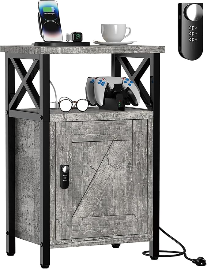 runjuly Wooden Nightstand with Lock, Bed Side Table with Drawers, Bedside Table with Charging Station, 3 USB & 2 Outlets, Night Stand with Cabinet Storage, End Tables for Bedroom, Ash Grey