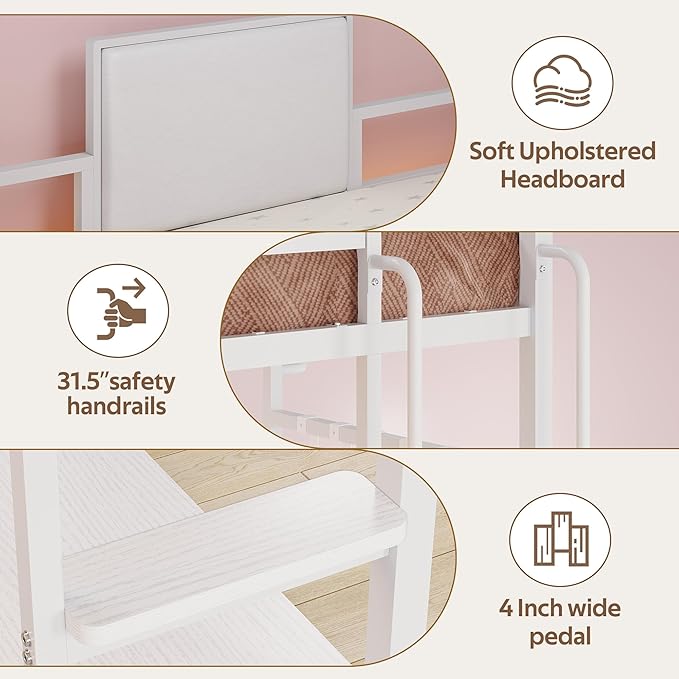 BYSAUD Full Size Loft Bed, Loft Bed with Desk, Full Loft Bed, 6 Storage Drawers & 4 Storage Shelves & 2 Storage Bags, LED Lights & Charging Station, Safety Guard & Ladder, Noise Free, White
