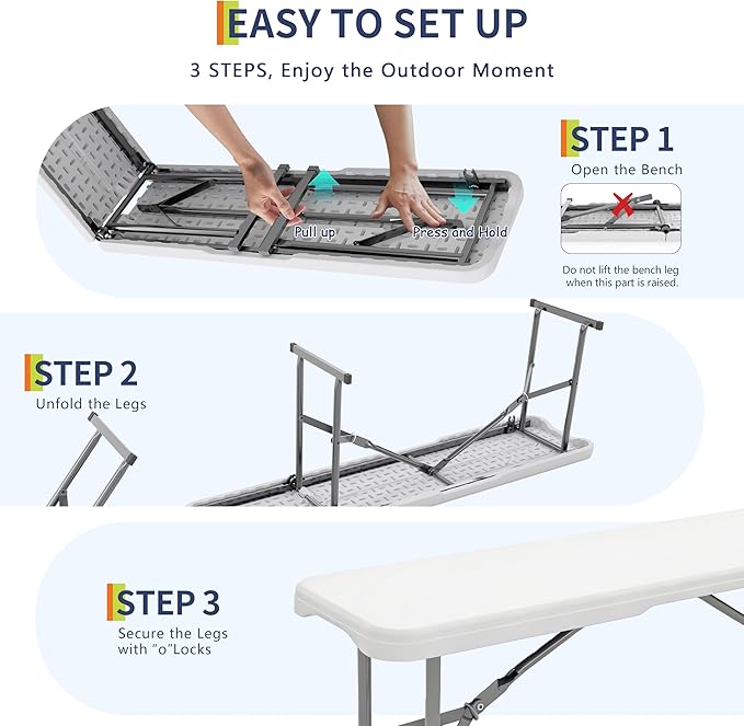 Garvee 6FT Folding Bench, Plastic Portable Folding Bench Seat with Carry Handle & Lock for in/Outdoor Activities, Picnic, Soccer, Caming Dining Seat, White