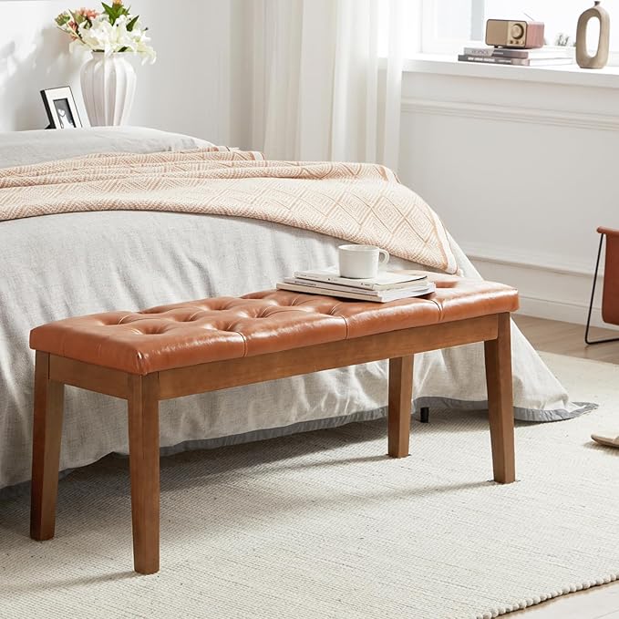 Ottoman Bench Upholstered Padded Seat with Solid Wood Legs and Button-Tufted, Faux Leather Cognac Brown