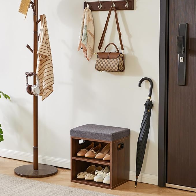 YMYNY Small Shoe Storage Bench with Cushion, 2 Tier Entryway Bench with Shoe Storage, Shoe Rack Bench for Entryway, Living Room, Hallway, Closet, Bedroom, 15.4L*11W*16.54H, Light Walnut HBD028LW