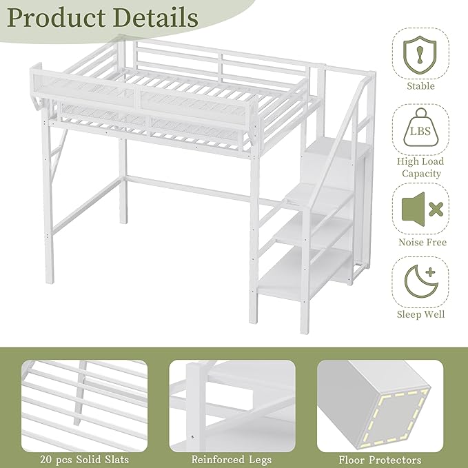 Twin XL Size Loft Bed with Stairs and Storage, Metal Loft Bed Frame with A Shelf and Large Under-Bed Space, Heavy-Duty Loft Beds for Kids Boys Girls Teens Bedroom Dorm, Convertible Staircase, White