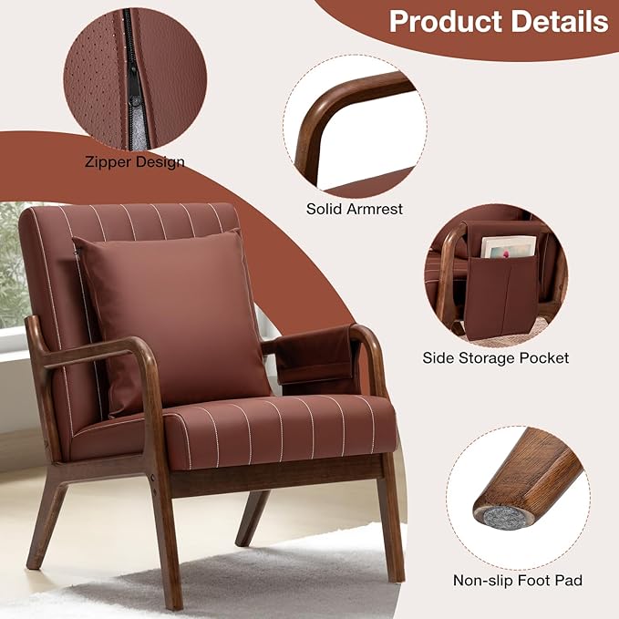 HOMMPA Mid-Century Modern Accent Chair Set of 2, Comfy Reading Armchair with Solid Wood Frame & Lumbar Pillow, Upholstered Linen Lounge Chair with Side Pocket for Living Room, Bedroom,Balcony (Brown)