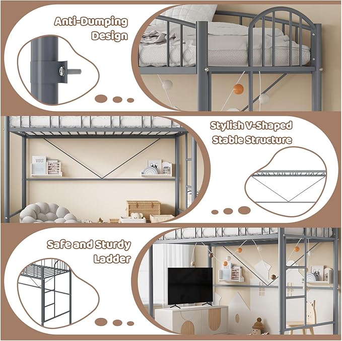 GarveeHome Loft Bed Twin Size, Heavy Duty Metal Loft Bed Frame with Arched Guardrail and Safety Ladder, Space-Saving, No Box Spring Needed, Modern Gray