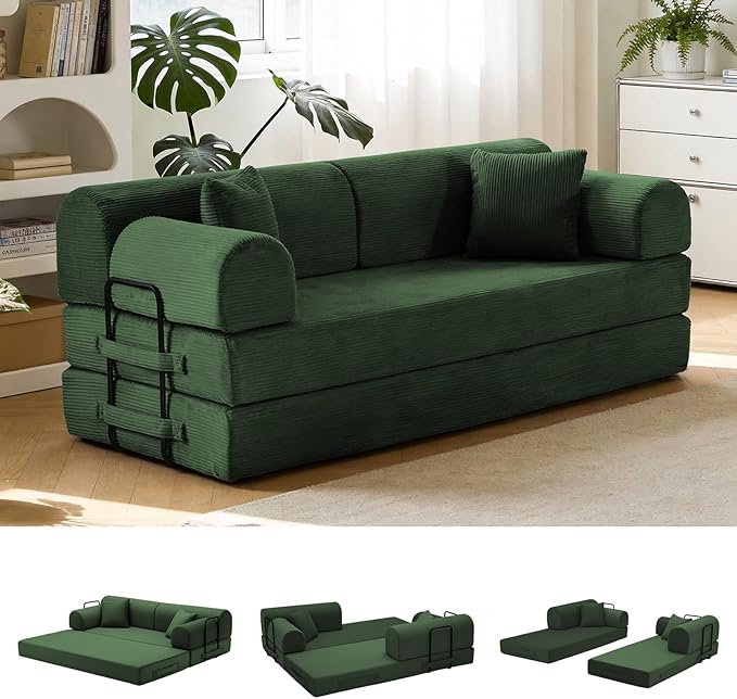 78.8" Convertible Sofa Bed with Detachable Arm Pillow, 6-in-1 Sectional Couches for Living Room, Corduroy Boneless Couch, Sleeper Loveseat Couch Bed, No Assembly, Green Couch