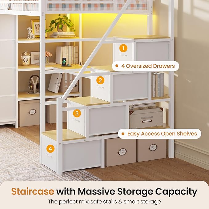DICTAC Loft Bed Twin Size with Storage Stairs,Desk and Charging Station,Metal Twin Loft Bed with LED Lights,8 Storage Drawers,3-tier Shelves,Loft Beds for Kids,Teens,Adults with Safety Guardrail,White