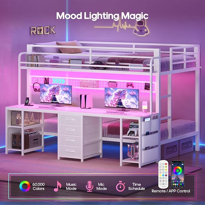 ADORNEVE Bunk Bed Twin Over Twin with 2 Person Desk, LED Lights Twin Bunk Bed with 4 Drawers,Storage Rack, 4 Shelves and Power Outles,Metal Twin Bunk Beds with Guardrail for Kids/Teens Bedroom, White