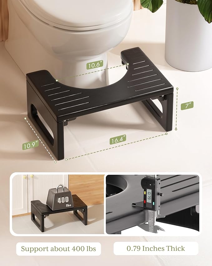 AmazerBath 7 Inches Bamboo Toilet Stool Squat for Adult, Foldable Squatting Potty Stool for Bathroom, 0.79" Thickness Poop Stools with Non-Slip Strip, Space-Saving, No Assembly Required, Black