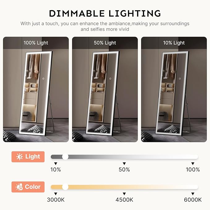 Kosmonia 56×18 LED Full Length Mirror with Lights - Wall Mounted Vertical Vanity Mirror for Bedroom & Bathroom, Full Body Backlit, Adjustable Brightness, Tempered Glass