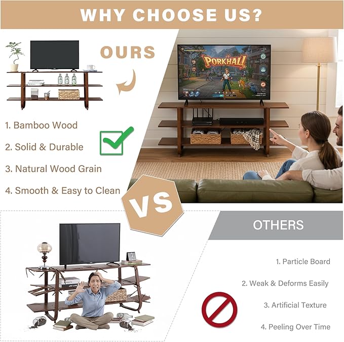 Tiita Wooden TV Stand for 65 Inch TV, Modern Media Console Table with 3-Tier Storage Shelves, Long Entertainment Center for Living Room, Walnut TV Stand with Open Display Rack