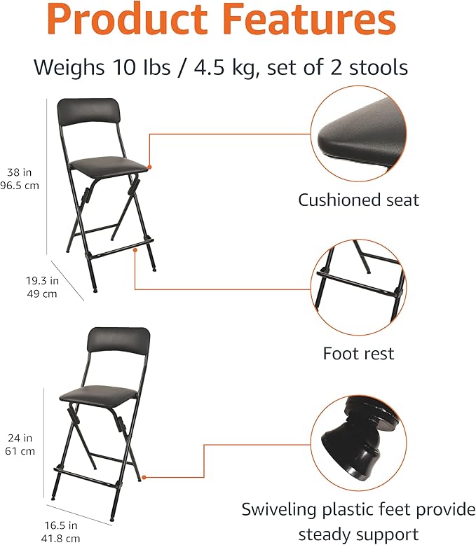Amazon Basics Folding Bar Stool with Footrest, Portable, Sturdy, Space-Saving Storage, 300lb Capacity, 24" Height, Black, Set of 2