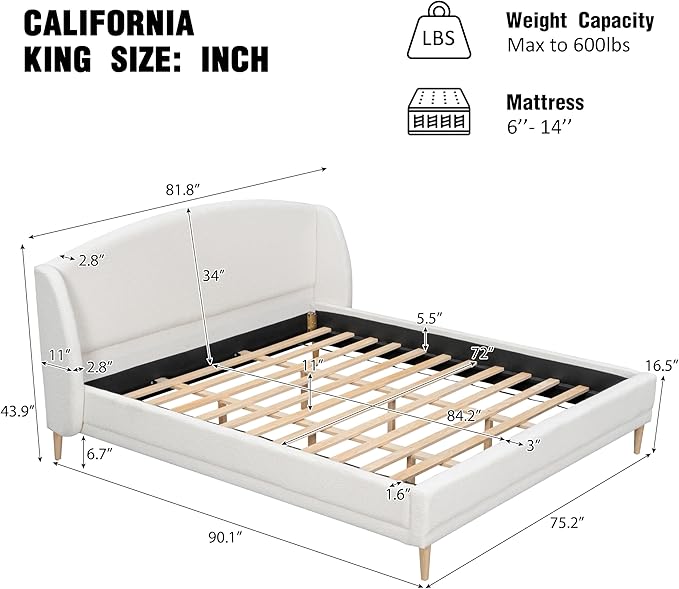 Hazel California King Size Bed Frame, Upholstered Platform Bed, Soft Boucle Headboard, Wood Bed Support and Slats, Curved-Shaped Headboard California King Bed, 43.90" H White