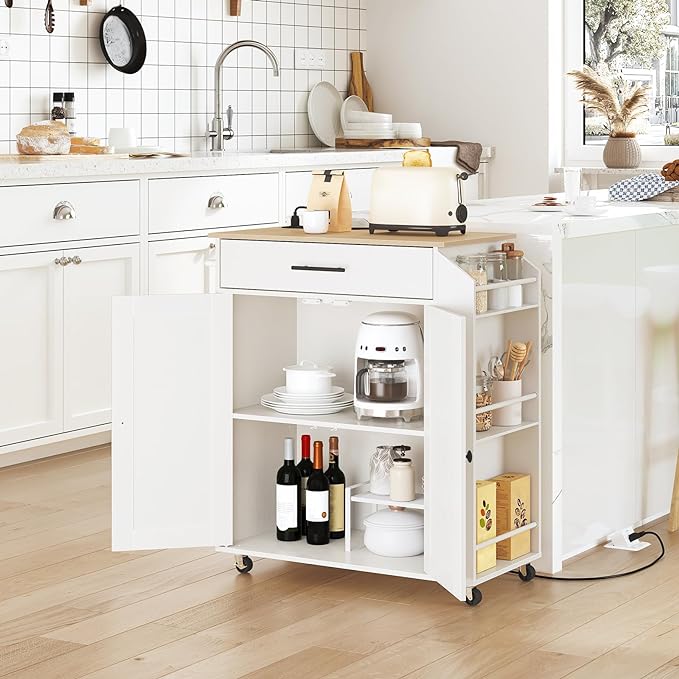 HOOBRO Kitchen Island with Power Outlet, Kitchen Storage Island with Spice Rack and Drawer, Rolling Kitchen on Wheels, for Home, Dining Room, Natural and White WN82UZD01G1