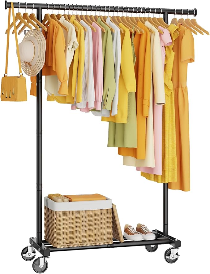 HYSEYY Clothes Rack, Clothing Rack for Hanging Clothes, Rolling Garment Rack Sturdy Coat Rack Portable Wardrobe Rack Metal Closet Rack for Bedroom Laundry Living Room, Black