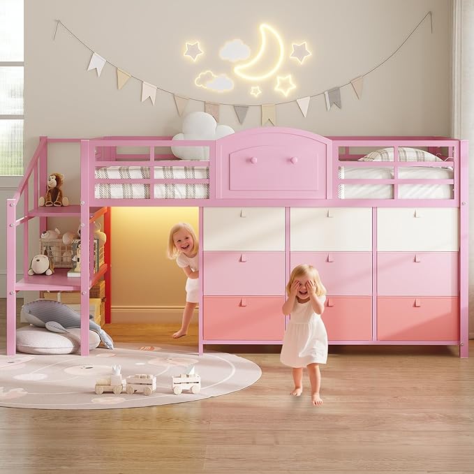 VIAGDO Low Loft Bed Twin Size with 9 Storage Drawers and LED Lights, Metal Twin Loft Bed with Stairway Shelf Storage, Low Loft Bed with Safety Guardrail and Under-Bed Hideaway for Kids, Pink