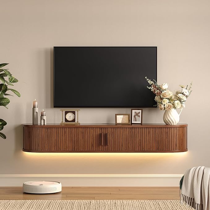 55" Floating TV Stand with Power Outlet for TVs up to 65", Fluted Entertainment Center with Remote Control for LED Lights, Mid-Century Modern TV Console w/Sliding Door for Living Room, Bedroom Walnut