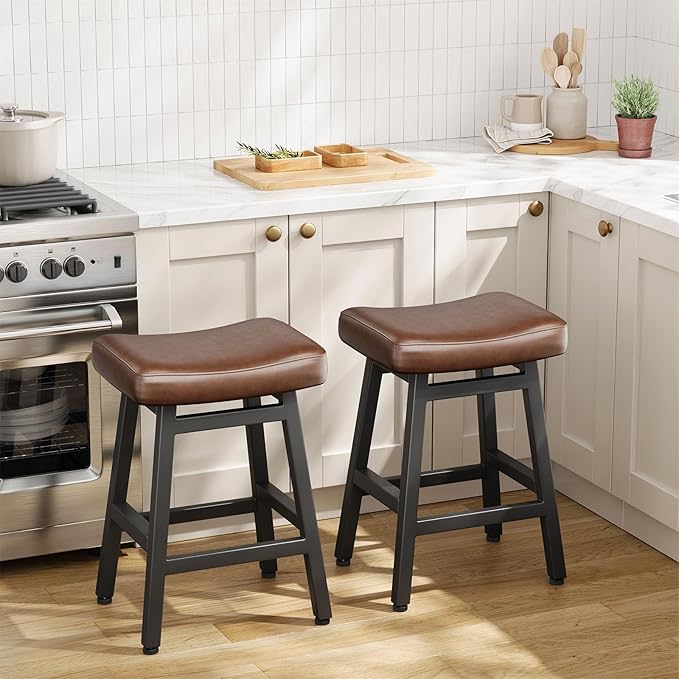 Raynesys Counter Height Bar Stools Set of 2, 24 Inch Barstools for Kitchen Counter, Kitchen Stools with Bonded Leather Saddle Seats & Heavy Duty Metal Legs, Easy Assembly, Gray/Black
