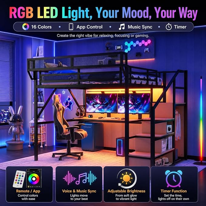 Mirightone Queen Loft Bed with Desk and RGB Light, Metal Loft Bed Frame with Stairs and Bedside Shelf, Heavy-Duty Lofts Beds with Storage Shelves and Wardrobe for Kids Teens, Black