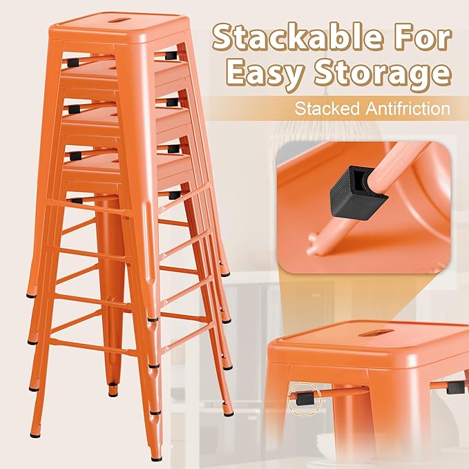 Furmax 30 Inch Metal Bar Stools Set of 4, Counter Height Stools, Industrial Bar Chairs Patio Stool Stackable Stool for Kitchen/Dining Room/Indoor Outdoor(Orange, 30'' Backless)