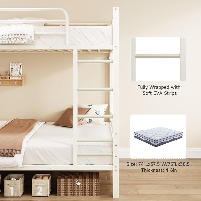 Bunk Bed Twin Over Twin, Metal Bunk Beds with Power Outlets & Desk, Heavy-Duty Bunkbeds Frame with Safety Guardrail & Ladders, Upper Bed with Storage Rack, No Box Spring Needed, for Juniors, White