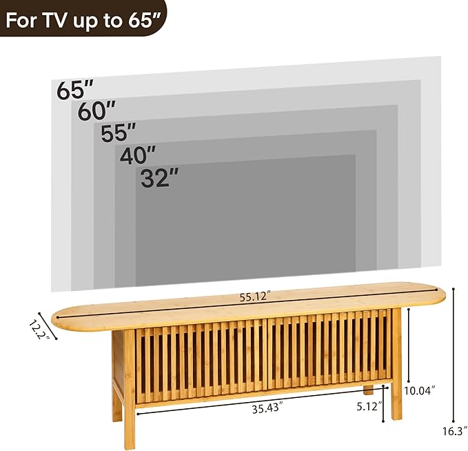 Bamboo TV Stand for TVs up to 65", Accent Entertainment Center with Storage, Media Console Table with Fence Door, Modern TV Stand for Living Room, Bedroom, 55"(L), Burlywood