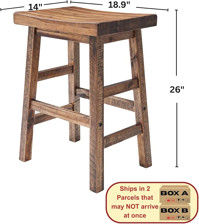 Alaterre Furniture Durango 26-Inch Industrial Wood Counter-Height Stools – Set of 2 Rustic Saddle Seat Bar Stools - Vintage Style with Light or Dark Lacquer Finish for Kitchen Island or Home Bar