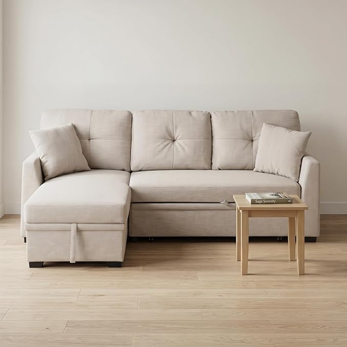 Convertible Sofa Bed, L Shape Sleeper Sofa with Reversible Storage Chaise, Tufted Fabric Sectional Sleeper Sofa with Pull Out Bed for Small Space, Living Room, Apartment, Almond
